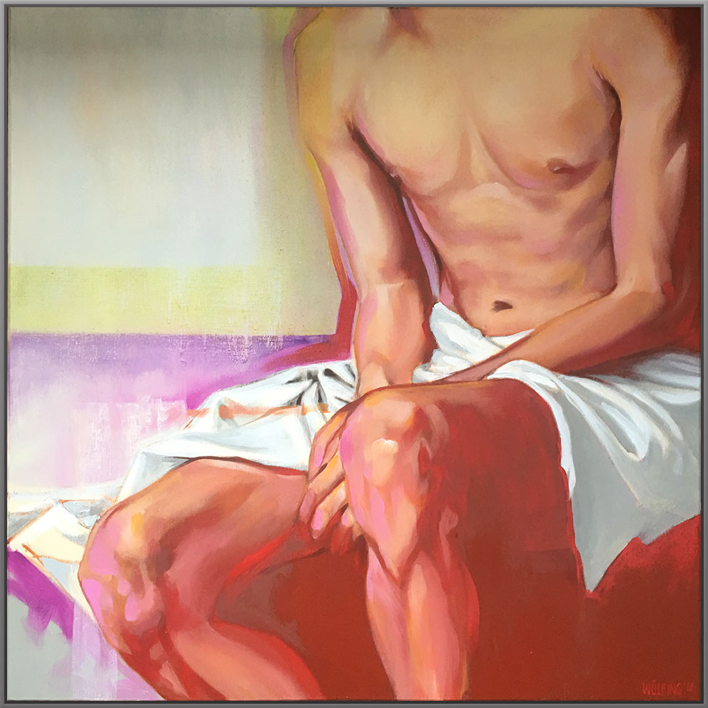 Öl-Bild von Bacchus Torso und Beinen eines Mannes mit Obstkorb