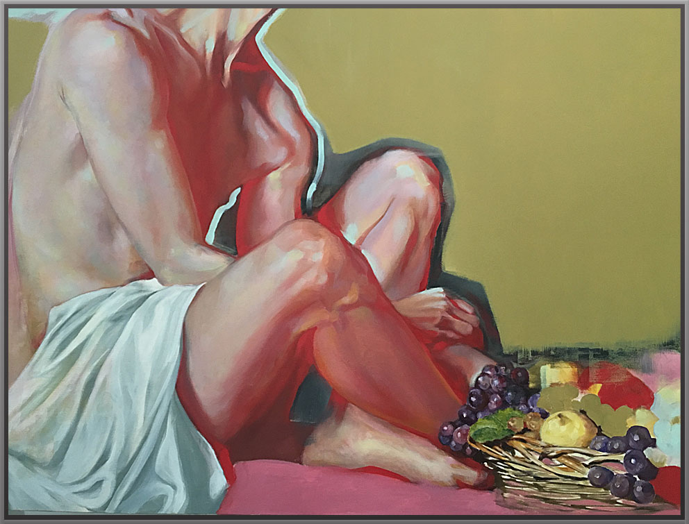 Öl-Bild von Torso und Beinen eines Mannes mit Obstkorb