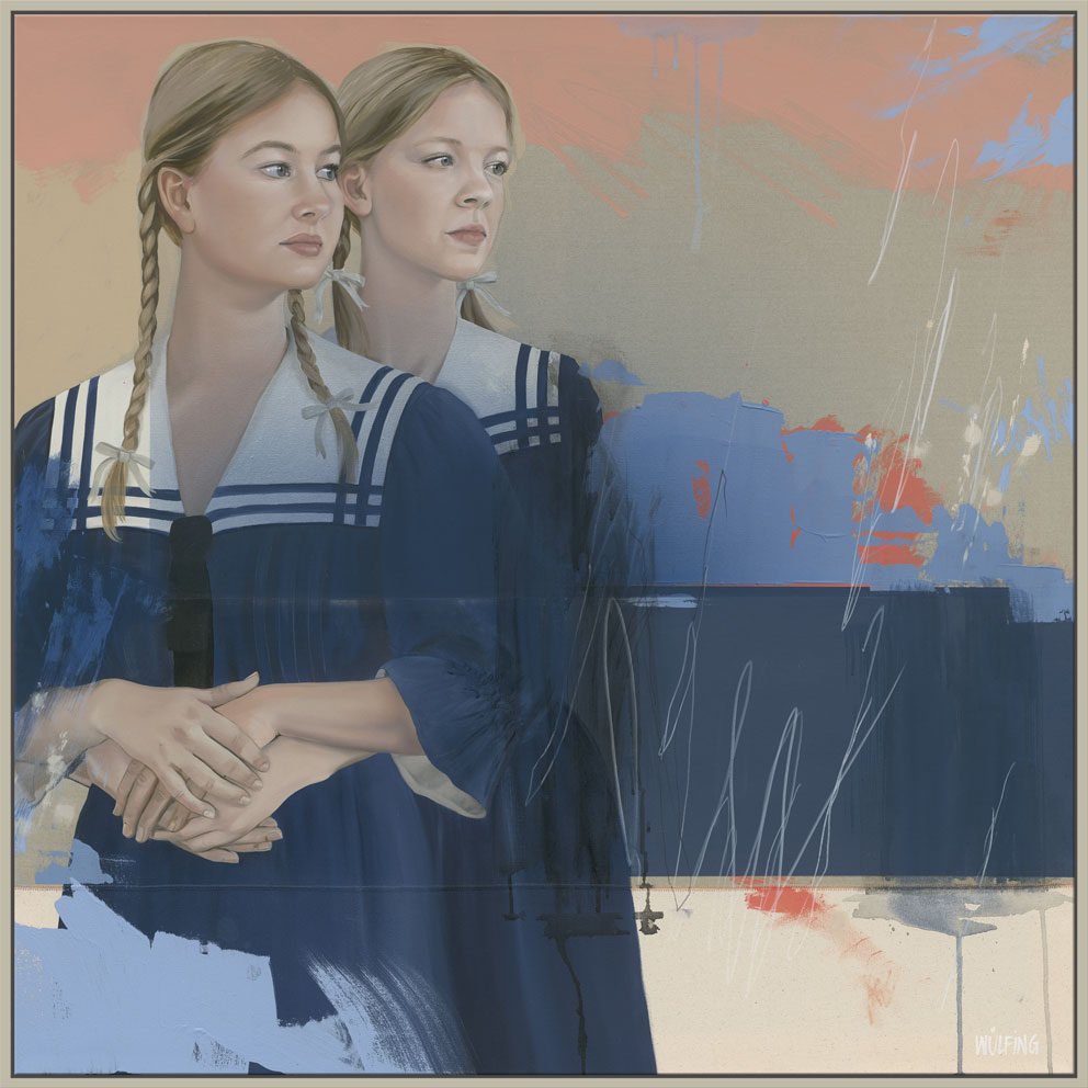 Mixed Media Gemälde mit dem Portrait zweier jungen Dame im Marine  Kleid