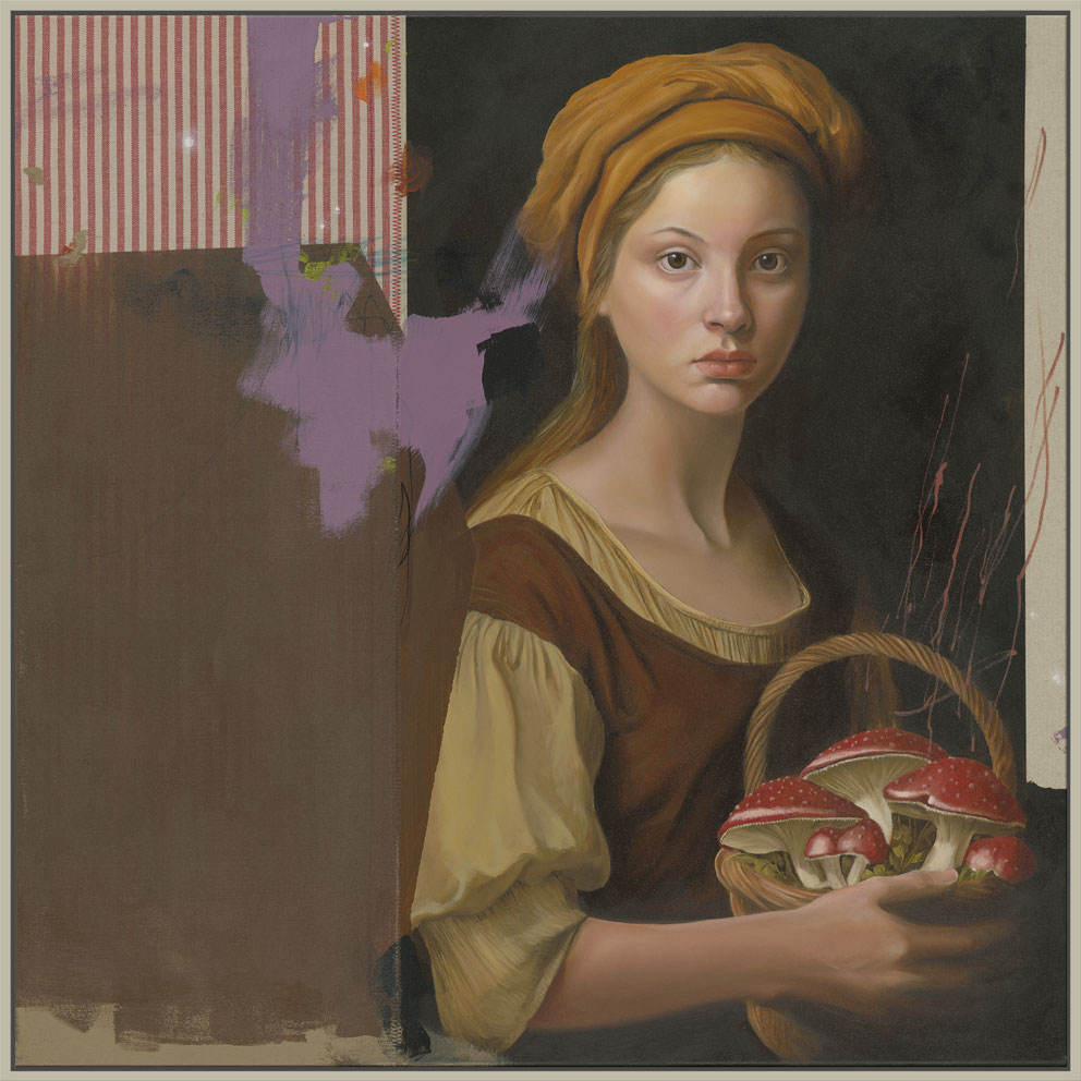 Mixed Media Gemälde eines Mädchens mit Pilzkorb und mit abstrakten Elementen