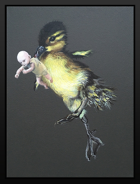 Gemälde eines Entenküken mit BabyBorn Puppe im Schnabel