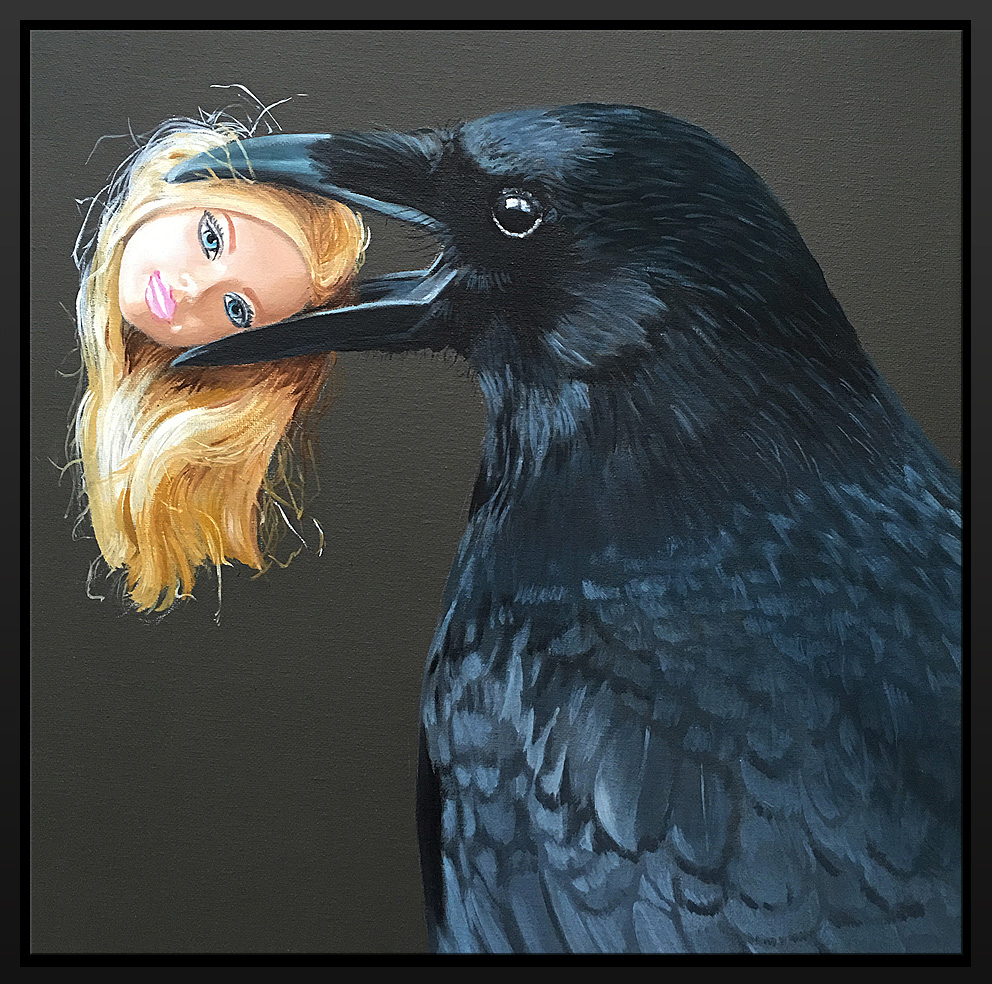 Gemälde eines Portraits des Vogels Krähe mit Barbie Kopf im Schnabel