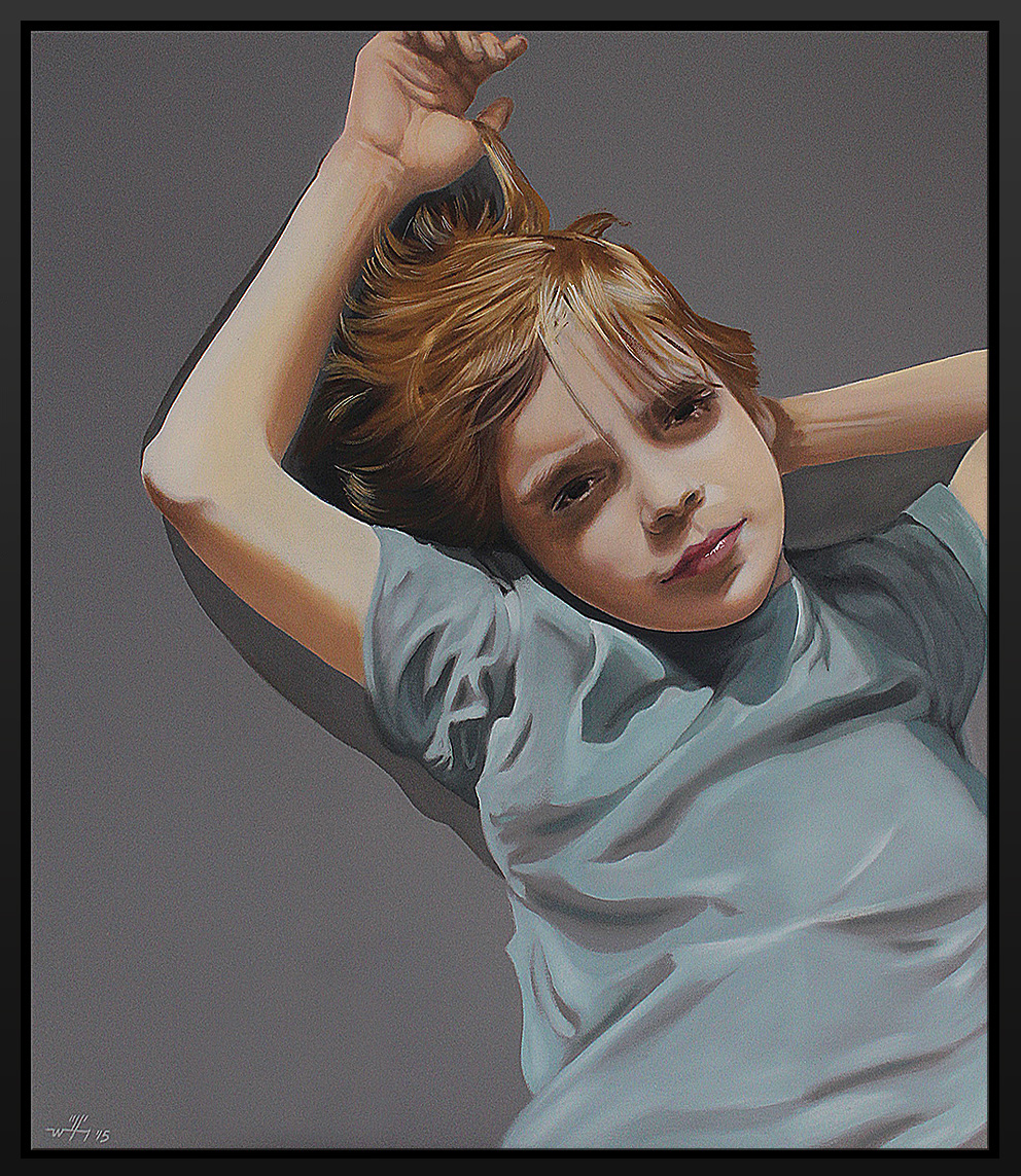 Gemälde eines Portraits eines Jungen auf grauem Grund