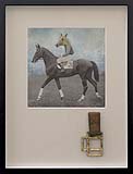 Photographie eines Jockeys auf Rennpferd mit übermaltem Pferdekopf Tier Portrait