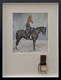 Photographie eines Mannes auf Pferd mit übermaltem Pferdekopf Tier Portrait